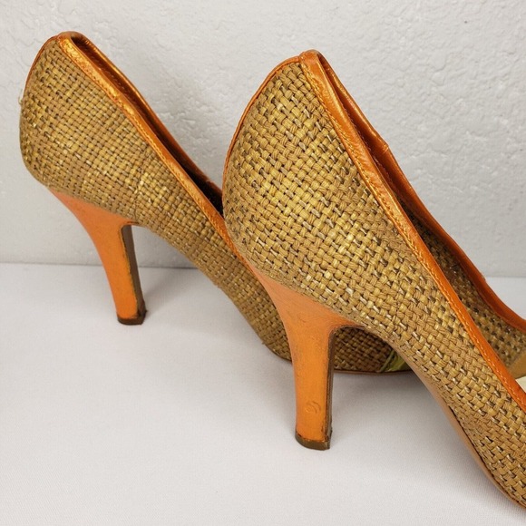 PRADA Woven Color Block Orange Croc Cap Toe Green Leather Trim Pumps Size 37 EU - Picture 5 of 15